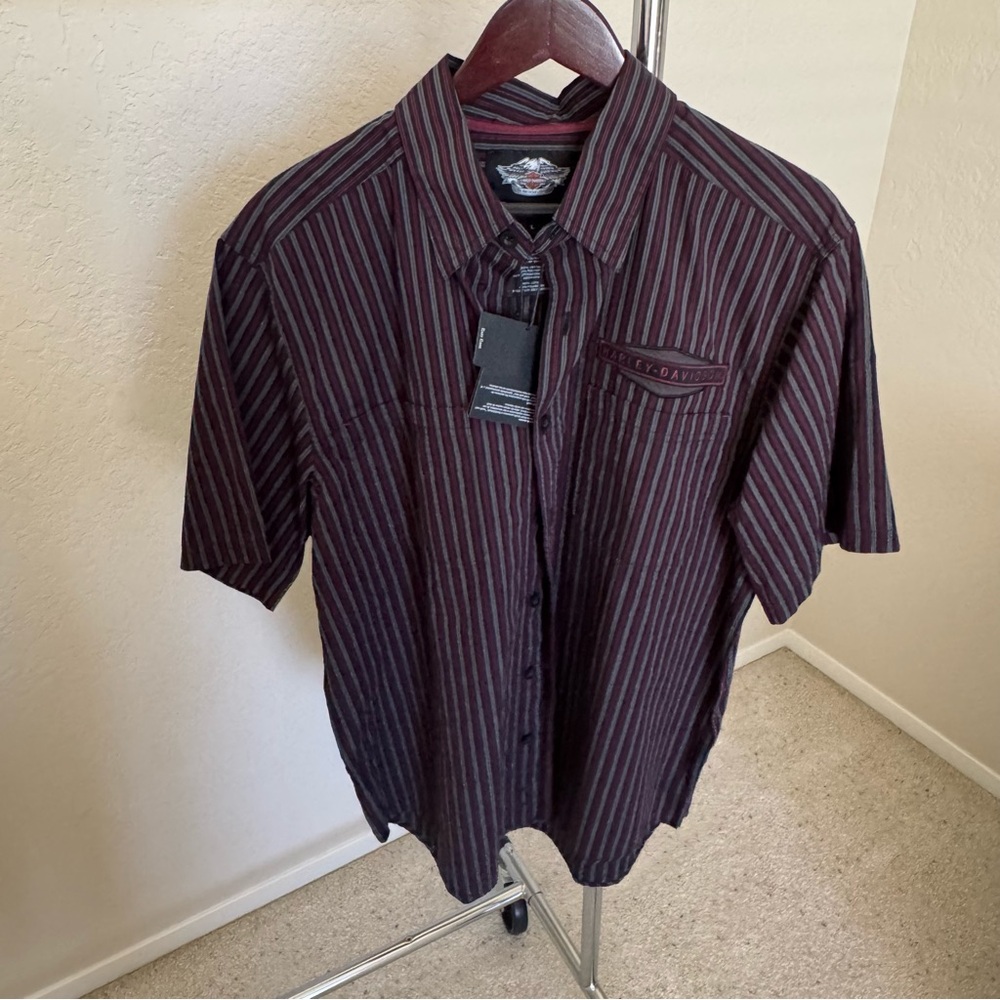 Harley-Davidson Short Sleeve Striped Button-Down — Black & Burgundy